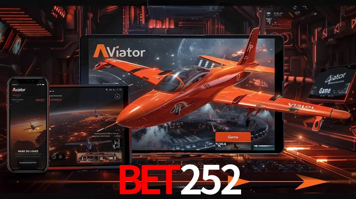 Apresentação tecnológica do jogo Aviator com um avião saindo da tela de um tablet, demonstrando a experiência imersiva em múltiplos dispositivos no BET252.