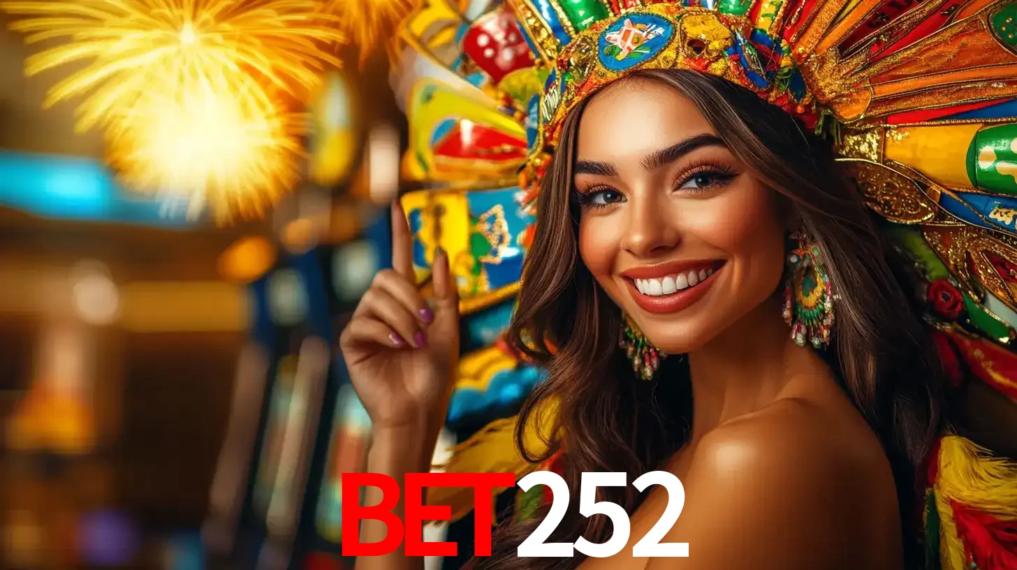 Mulher sorridente com um cocar de carnaval vibrante e colorido, celebrando uma grande vitória nos jogos do cassino BET252 com fogos de artifício ao fundo.