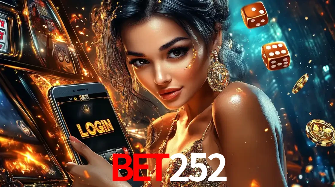 Mulher glamourosa segurando um celular com a tela de login do cassino BET252, rodeada por dados e moedas douradas, pronta para começar a diversão.