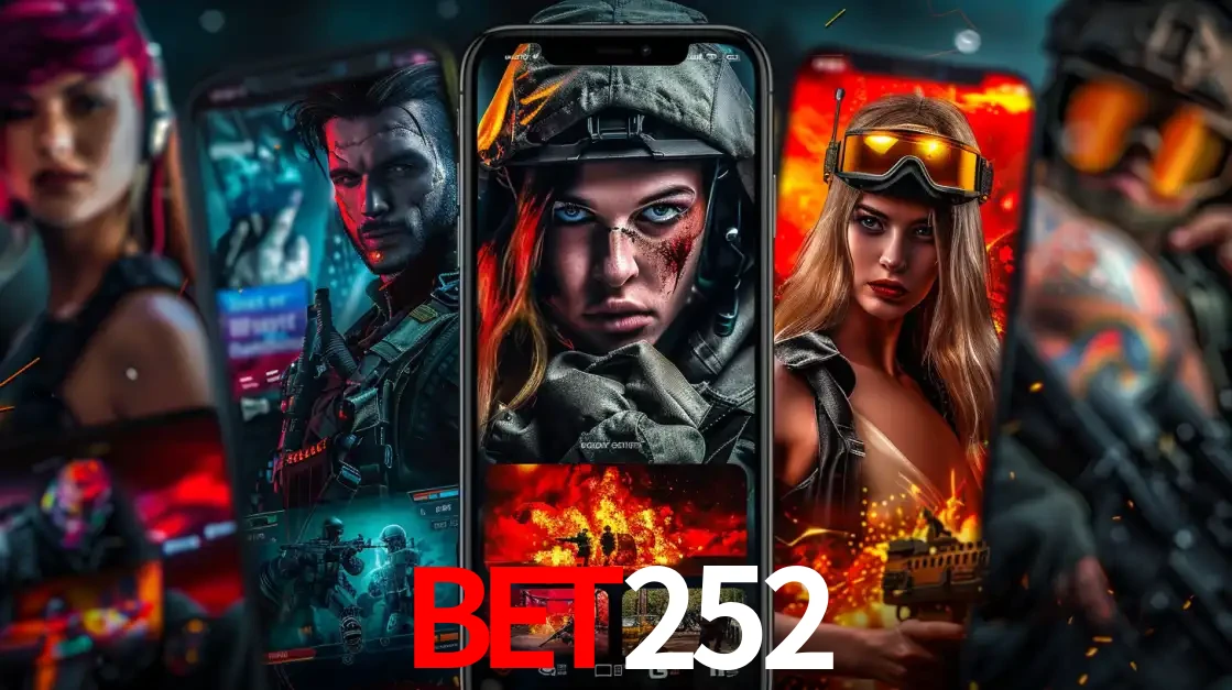 Montagem de telas de celular mostrando diversos personagens, masculinos e femininos, de um jogo de tiro, ilustrando a diversidade de equipes de e-sports para apostar no BET252.