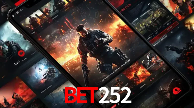 Tela de um celular exibindo uma galeria de jogos de tiro com temática militar, mostrando a variedade de e-sports disponíveis para apostas na plataforma de entretenimento BET252.