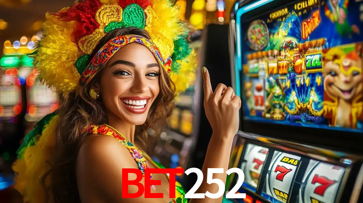 Mulher animada com um cocar de carnaval apontando para uma máquina de caça-níqueis, mostrando a emoção de ganhar um grande prêmio nos jogos do BET252.
