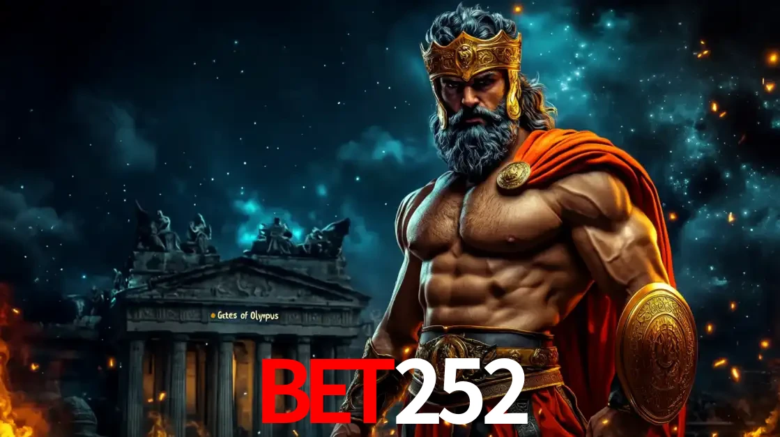O poderoso Zeus do jogo de slot Gates of Olympus em frente ao seu templo, pronto para lançar multiplicadores divinos e prêmios épicos no cassino online BET252.