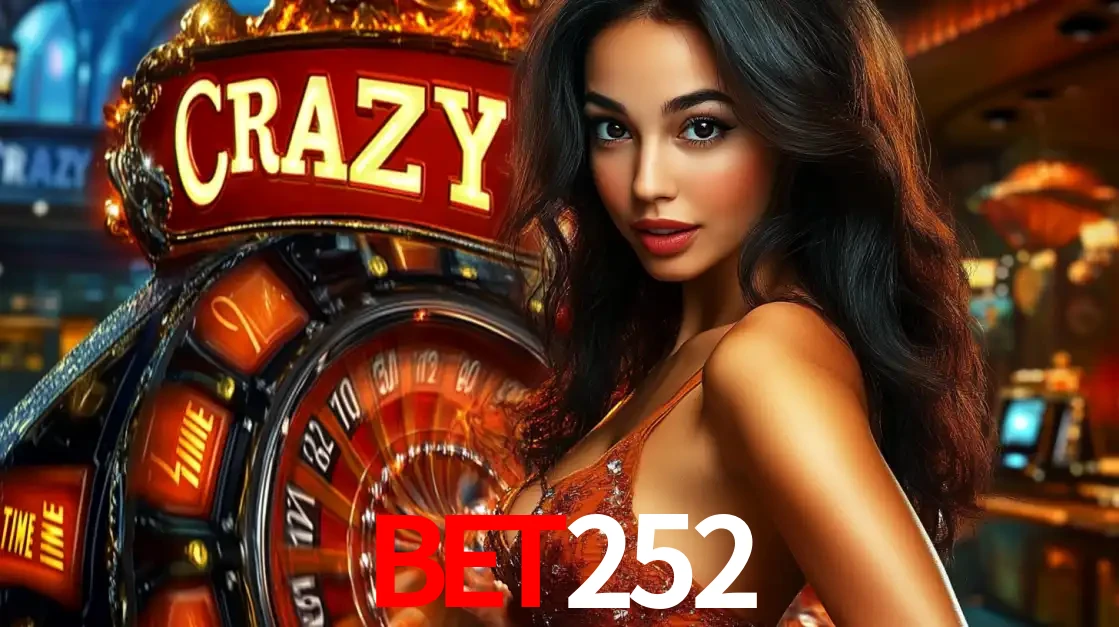 Mulher glamourosa olhando para a câmera com a roda vermelha do Crazy Time ao fundo em um ambiente de cassino, destacando a emoção dos jogos ao vivo no BET252.