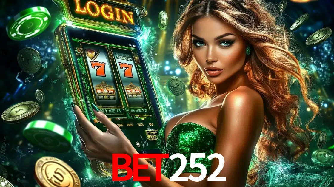 Mulher com tema verde apresentando o aplicativo do cassino BET252 com um jogo de slot de 777, cercada por fichas de cassino e uma aura de sorte.