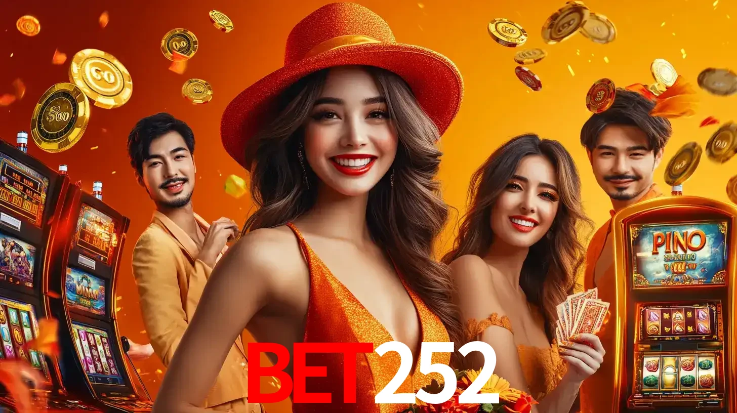 Grupo de amigos asiáticos sorrindo e se divertindo com máquinas de caça-níqueis em um ambiente festivo, celebrando suas vitórias nos jogos de cassino do BET252.