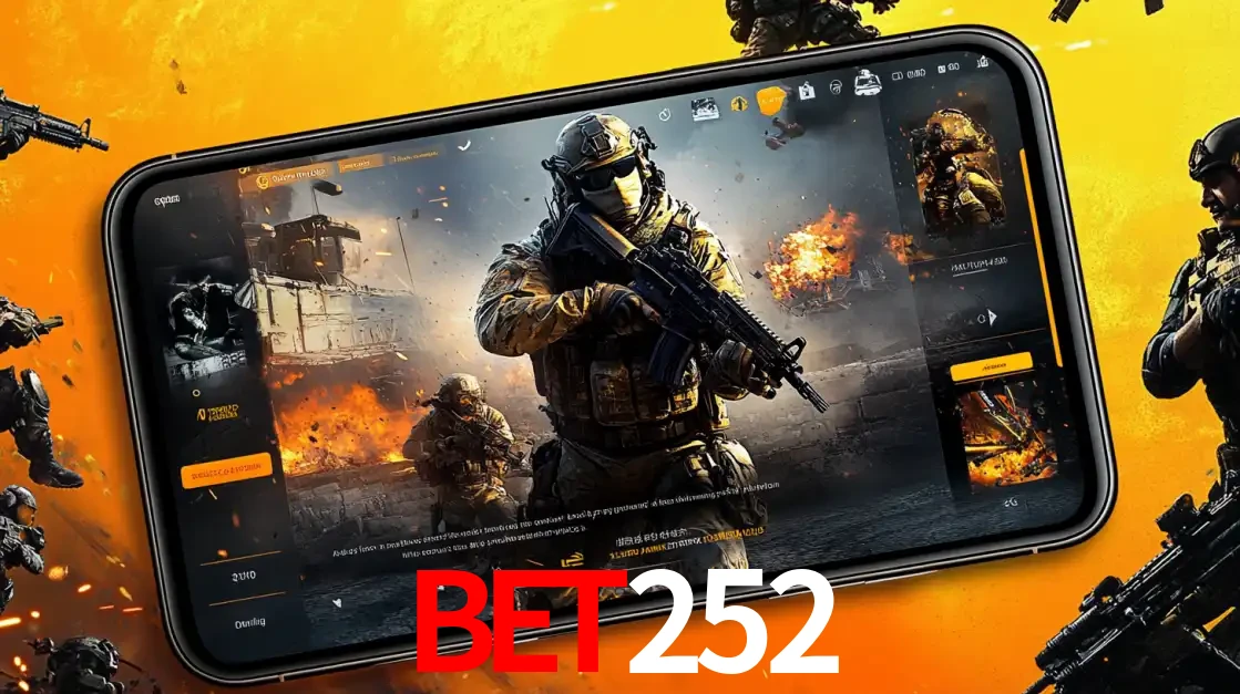 Um smartphone exibindo a interface de um jogo de tiro em primeira pessoa, com um soldado em um cenário de batalha, representando a ação dos e-sports para apostar no BET252.