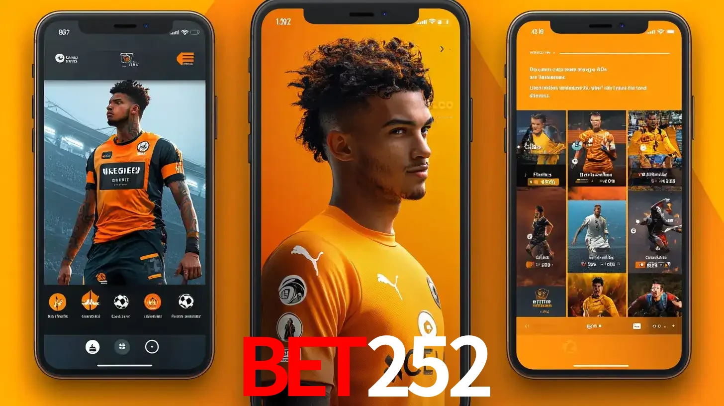 Interface do aplicativo de apostas esportivas BET252 em três telas de celular, mostrando o perfil de um jogador de futebol e a lista de jogos disponíveis para apostar.