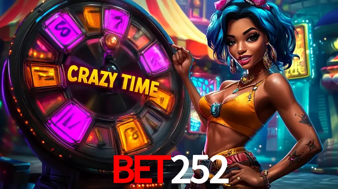 Mulher estilizada com cabelo azul e visual vibrante posando ao lado da roda de prêmios do game show Crazy Time, convidando para a diversão e os bônus do cassino BET252.