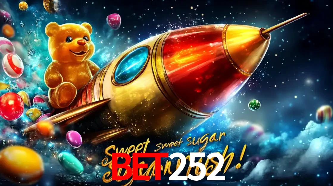 Arte promocional do jogo de slot Sugar Rush, com um urso de pelúcia em um foguete viajando pelo espaço de doces, um dos jogos divertidos disponíveis no cassino BET252.
