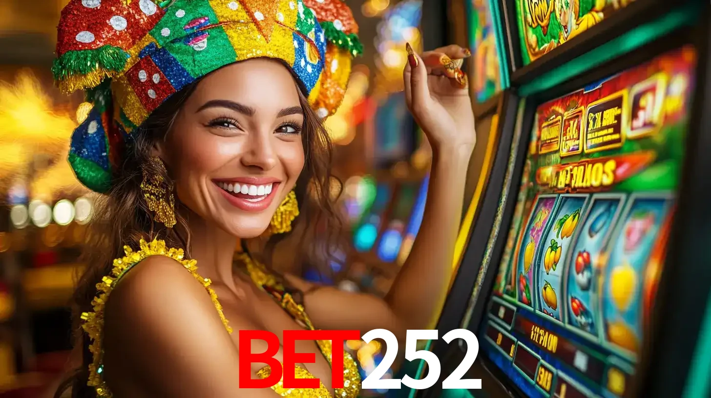 Mulher feliz com traje de carnaval amarelo e colorido ao lado de uma máquina de caça-níqueis, aproveitando a diversão e os jogos temáticos do cassino BET252.