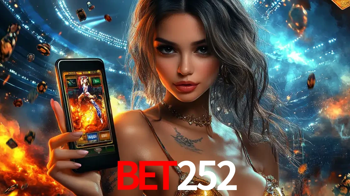 Mulher segurando um celular com um jogo de slot em destaque, tendo como fundo um estádio vibrante, simbolizando a emoção de jogar no cassino móvel BET252.