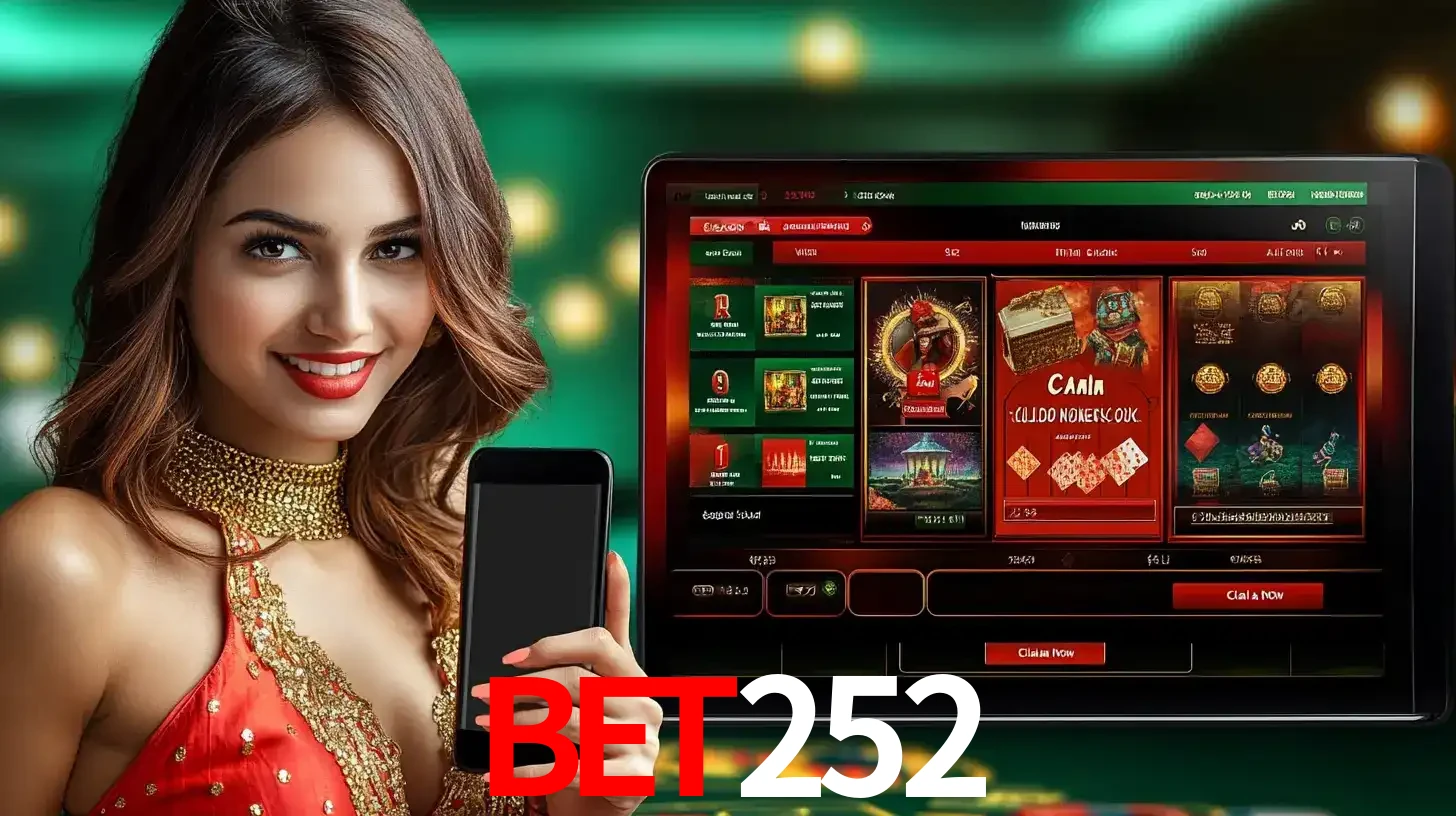Mulher sorridente segurando um smartphone, ao lado de uma tela exibindo o lobby de jogos do cassino online BET252, com várias opções de jogos de cartas e slots.